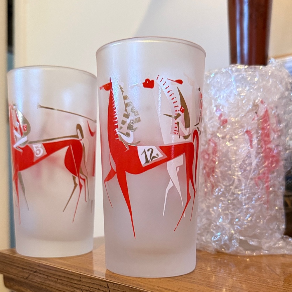 Libbey Frosted Glasses with Red and White Horse Design